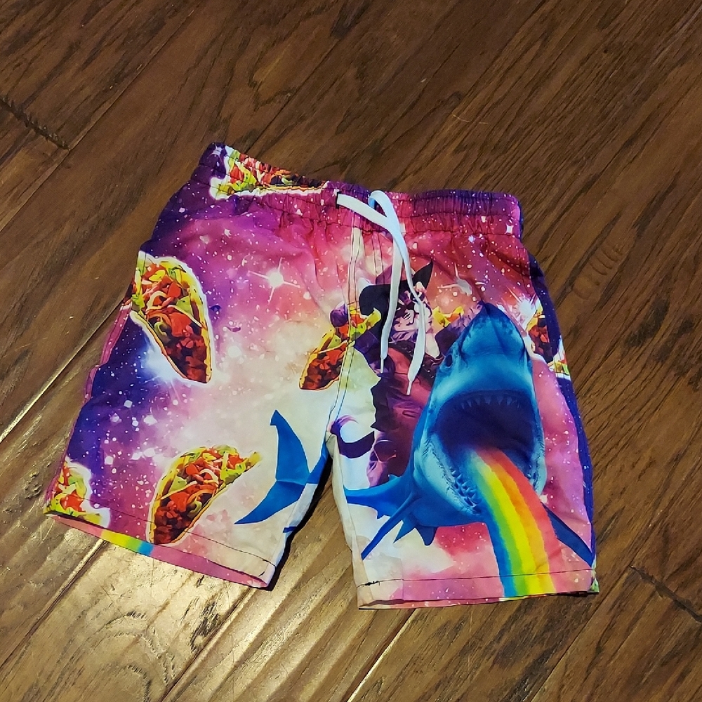 Boys Swim Trunks Cat Riding Shark Galaxy Tacos Pink